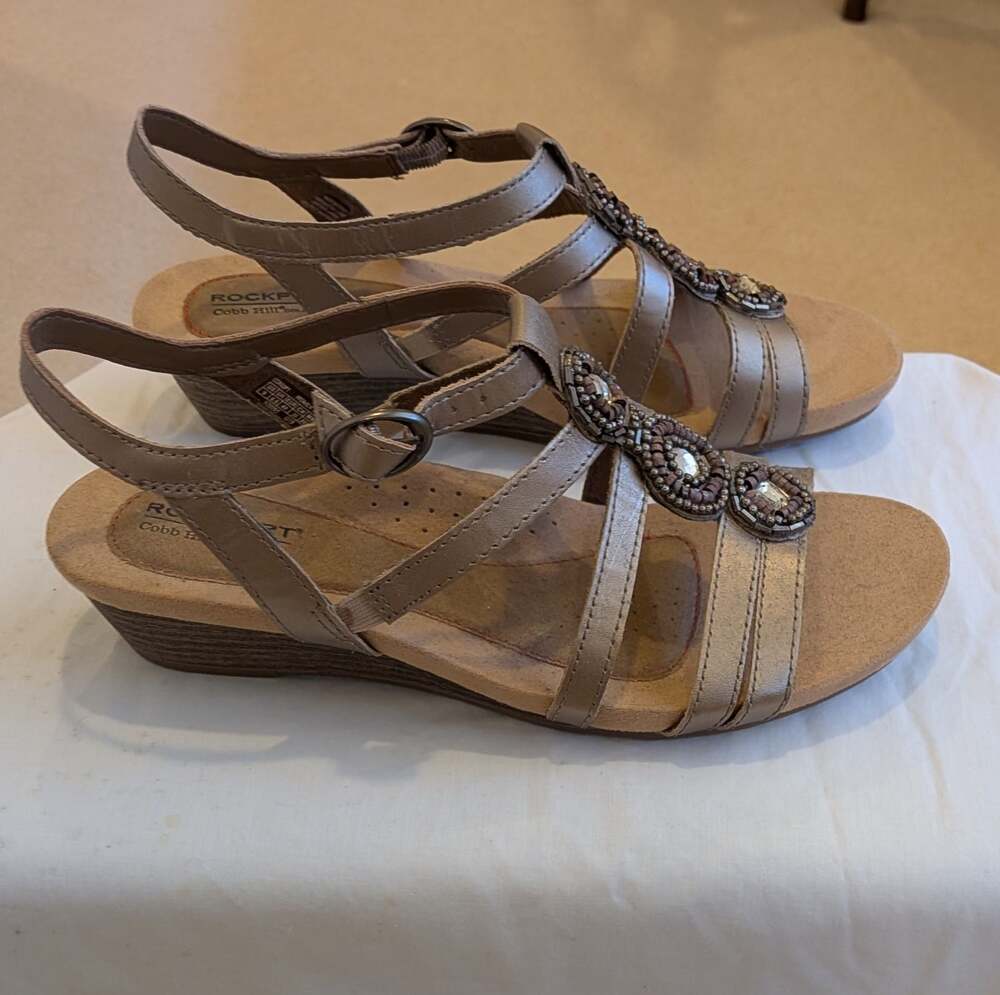 Rockport Cobb Hill Hannah-CH Pewter Beaded Wedge Sandals Size 9M